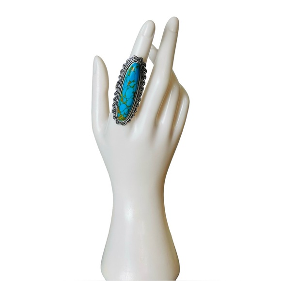 Boho Long Oval Turquoise Statement Ring – Size 7